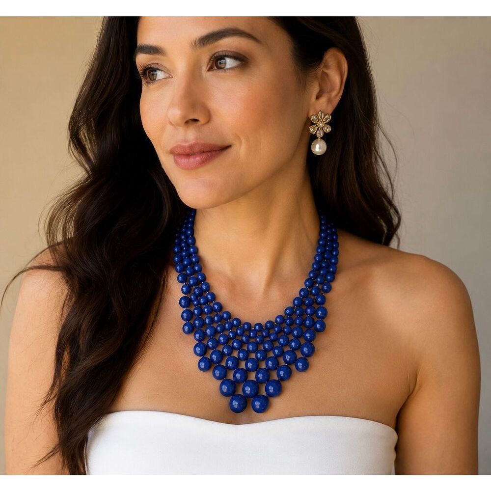 Mermaid Glam Navy Beaded Statement Necklace | Coastal Chic Bib Necklace